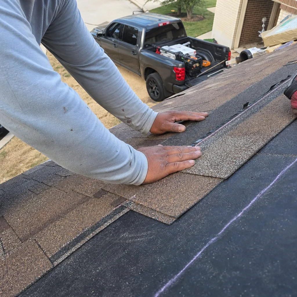 A professional roofing contractor installing asphalt shingles on a house roof.