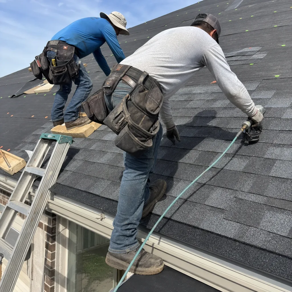 Professional roofers installing new asphalt shingles on a residential roof.