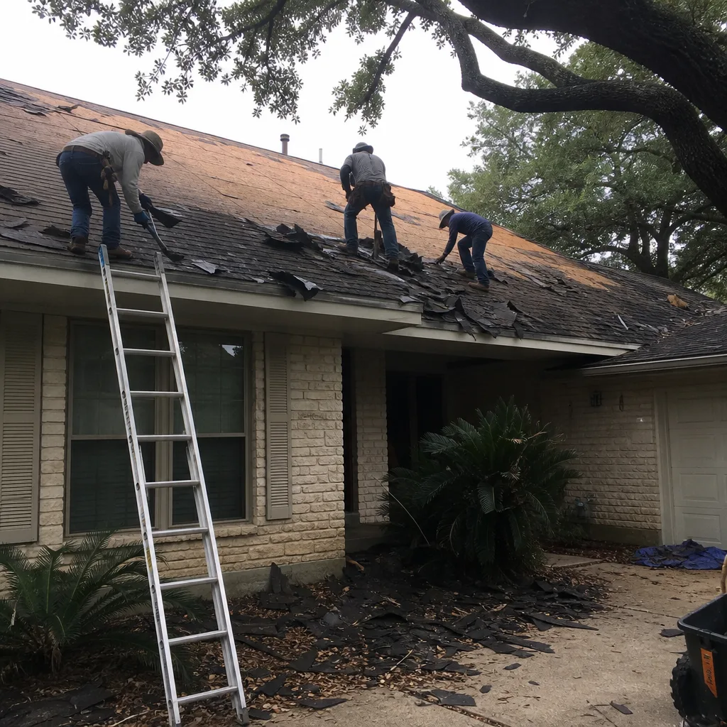 Three contractors removing old shingles from a residential roof