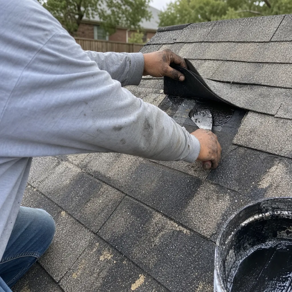 Professional roofer repairing shingles with sealant on a residential roof