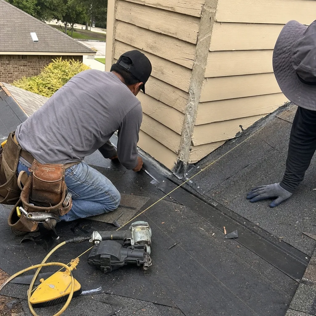 Professional roofers installing chimney flashing on a residential house roof