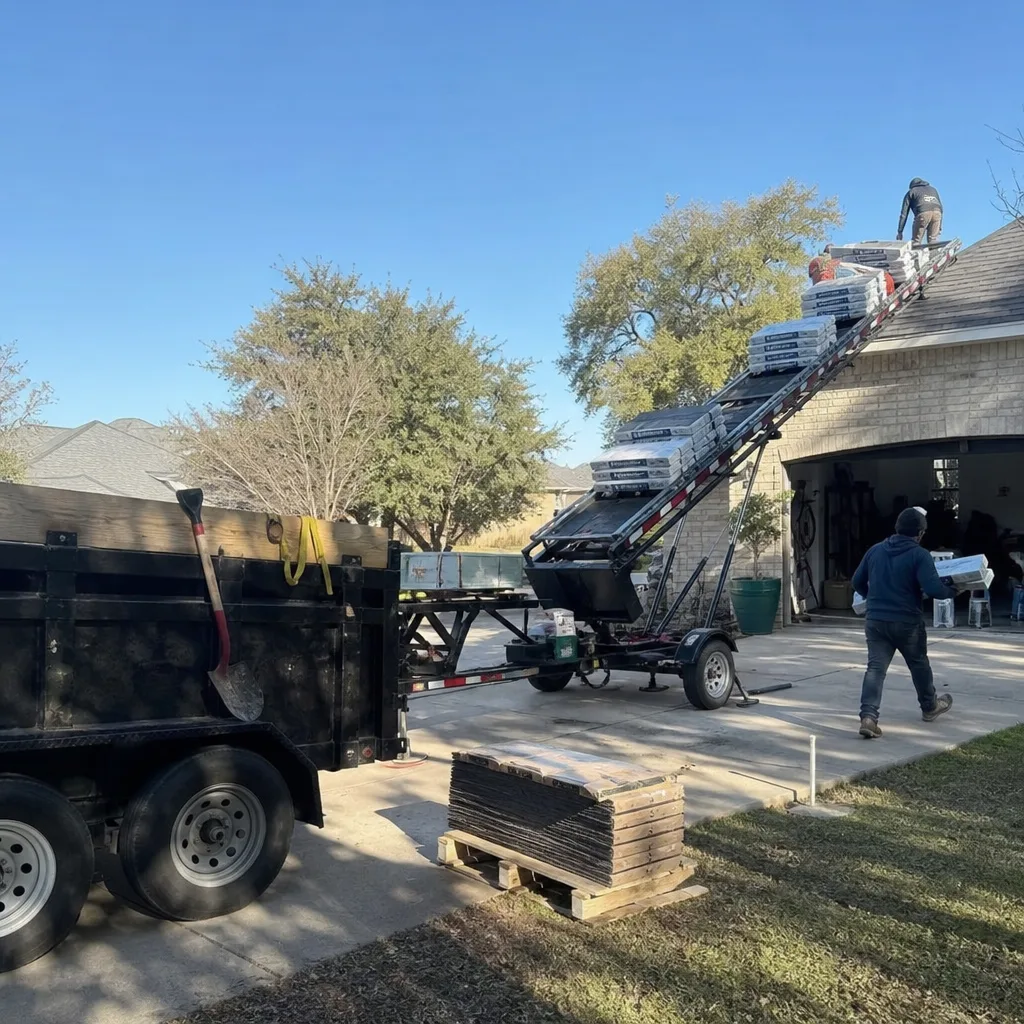 Roofing crew using conveyor belt system to install new shingles